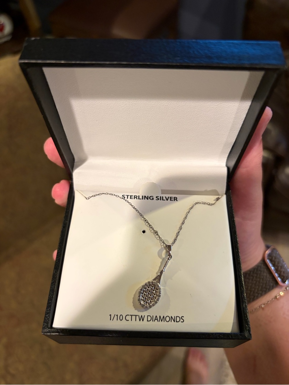 Sterling Silver Tennis Racket Pendant Necklace with Diamonds - Silver
